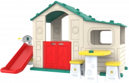 Duży domek dla dzieci z przedsionkiem, zjeżdżalnią i zielonym dachem