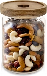 Szklany pojemnik na sypkie produkty z drewnianą pokrywką i uszczelką 970 ml