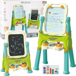 Edukacyjna dwustronna tablica na stojaku z zielonymi dodatkami 3w1