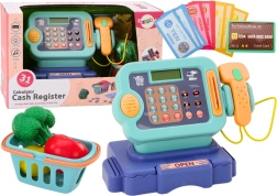 Dziecięca kasa sklepowa niebieska z monetami i koszykiem