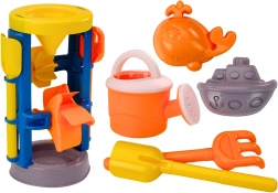 Duży zestaw do piasku z młynkiem, łopatką, grabiami, konewką i foremkami