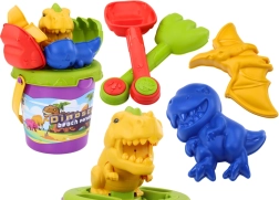 Zestaw do piasku z foremkami dinozaurów – wiaderko, łopatka i grabki