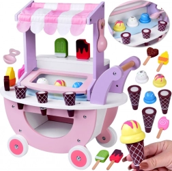 Drewniany pastelowy stoisko z lodami na kółkach z 8 rodzajami lodów