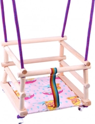 Kolorowa drewniana huśtawka z poduszką