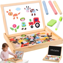 Kruzzel dwustronna magnetyczna i kredowa tablica edukacyjna w drewnianym pudełku 108 elementów