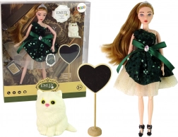 Lalka Emily z białym kotkiem i drewnianym sercem