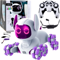 Interaktywny piesek robot TOOBY zdalnie sterowany 4WD, 360°, LED i dźwięki – biało‑fioletowy