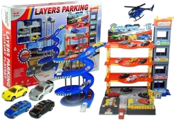 Wielopoziomowy garaż z autkami i helikopterem