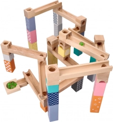 Drewniany pastelowy tor kulkowy, 53 elementy + 6 szklanych kulek