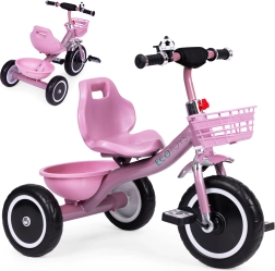 Dziecięcy trójkołowiec z antypoślizgowymi uchwytami, dzwonkiem i koszykiem, różowy ECOTOYS