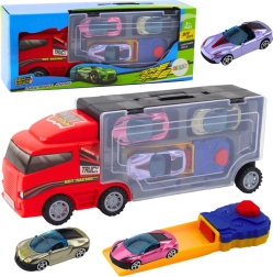 Czerwony tir z mobilnym garażem i wyrzutnią + 3 autka