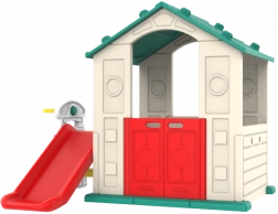 Dziecięcy domek ogrodowy z zielonym dachem i zjeżdżalnią