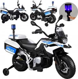Dziecięcy policyjny motocykl na baterie BMW z sygnałem świetlnym i sakwami