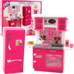 Różowa kuchnia z lodówką dla lalek 29 cm