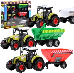 zestaw trzech traktorów z odłączanymi przyczepami dla małych farmerów