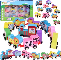 Drewniany kolorowy pociąg ze zwierzątkami