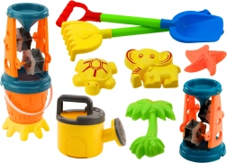 Zestaw do piasku Młynek do piasku Łopata Grabki Konewka Foremki Wiaderko 10 el.