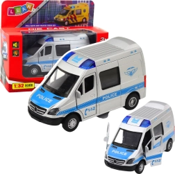 Metalowy policyjny samochód 1:32 z napędem pull back, światłami i dźwiękami