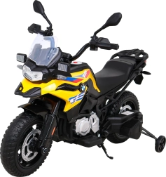 Dziecięcy elektryczny motocykl BMW F850 GS żółty z kółkami pomocniczymi, LED i audio