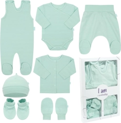 Wyprawka dla noworodka do szpitala NEW BABY I AM, miętowa, 7-częściowa