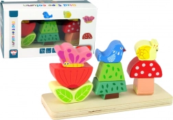 Drewniana układanka: kwiat, motyl i ptak