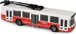 Czerwony trolejbus z napędem bezwładnościowym i otwieranymi drzwiami