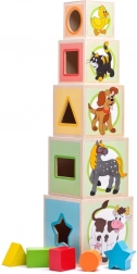 Drewniane kubeczki do układania z sorterem kształtów – wieża z sorterem
