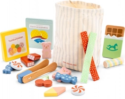 Drewniany zestaw słodyczy z torbą i szczypczykami