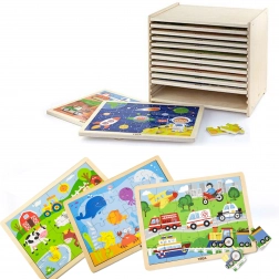 Drewniane puzzle Viga – zestaw 12 ramkowych układanek po 24 elementy na stojaku