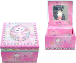 Różowa grająca szkatułka na biżuterię z kocią baletnicą