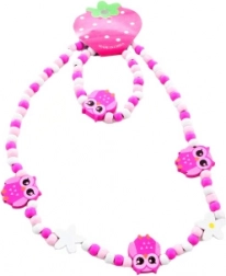 Zestaw naszyjnika i bransoletki z sowami z drewnianych koralików