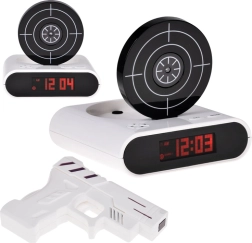 Budzik ze strzelnicą i pistoletem, gra i nagrywanie alarmu