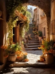 Malowanie diamentowe uliczka ozdobiona kwiatami 30 × 40 cm