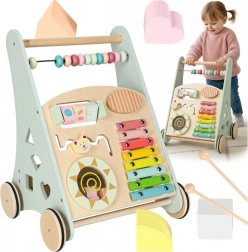 drewniany chodzik pchacz z aktywnościami i liczydłem, niebieski