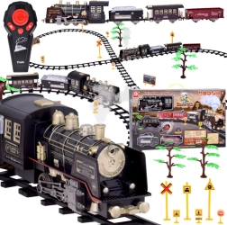 Duży retro pociąg z lokomotywą na zdalne sterowanie ze światłem i parą