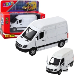 Metalowy van 1:32 z napędem typu pull-back, światłami i dźwiękami – biały