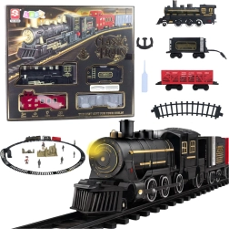 Elektryczny zestaw kolejowy z lokomotywą parową, wagonami i torami ze światłem