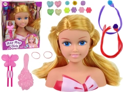 Głowa lalki do stylizacji z koralikami, spinkami i kolorowymi pasemkami