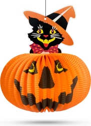 Papierowy lampion halloweenowy w kształcie dyni z motywem kota – 1 sztuka