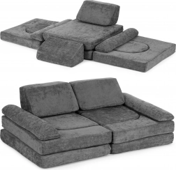 Składana modułowa dziecięca sofa dla 2 dzieci z 10 elementów z miękkiej tapicerowanej tkaniny – szara ECOTOYS