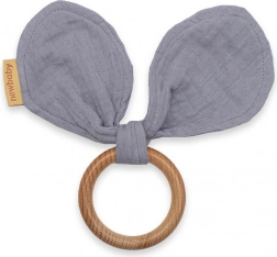 Drewniany gryzak z muślinowymi uszkami New Baby, szary