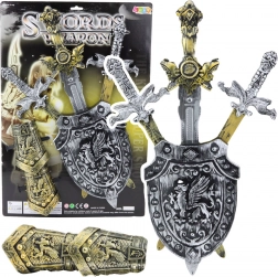 Rycerski zestaw z mieczami, tarczą i ochraniaczami