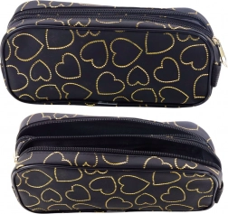 Piórnik czarny ze złotymi serduszkami, dwukomorowy