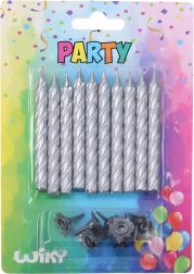 Zestaw świeczek z podstawkami, srebrna, 10 + 10 szt.