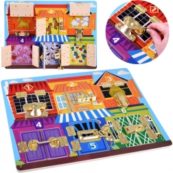 Drewniana sensoryczna tablica manipulacyjna z zamkami i liczbami
