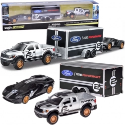 Maisto metalowy zestaw 1:64 – FORD Raptor z przyczepą i FORD GT Heritage