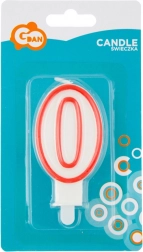 Świeczka cyfra 0 z czerwonym obrysem 7 cm