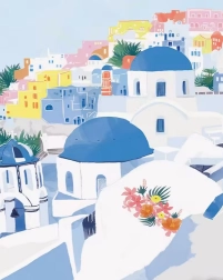 Diamentowe malowanie niebieskich dachów na Santorini 30 × 40 cm