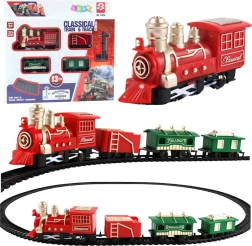 Klasyczna kolejka bateryjna z lokomotywą, wagonami i torami – 13 elementów