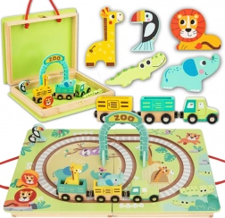 Tooky Toy drewniany zestaw kolejowy ZOO w kufrze z magnetycznymi wagonikami